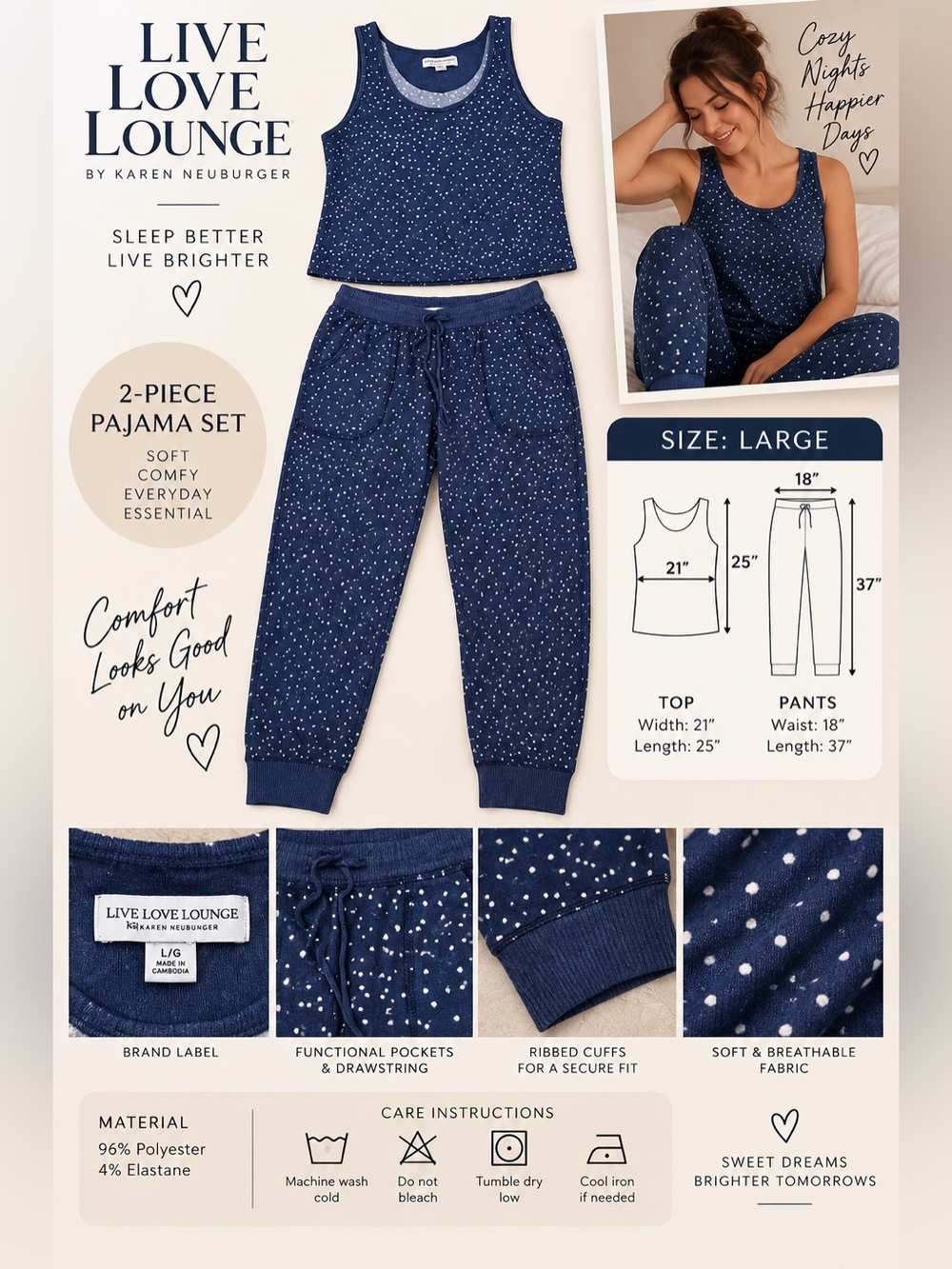 Live Love Lounge Karen Neuburger Women’s Pajama Set Large Navy Polka Dot 2-Piece